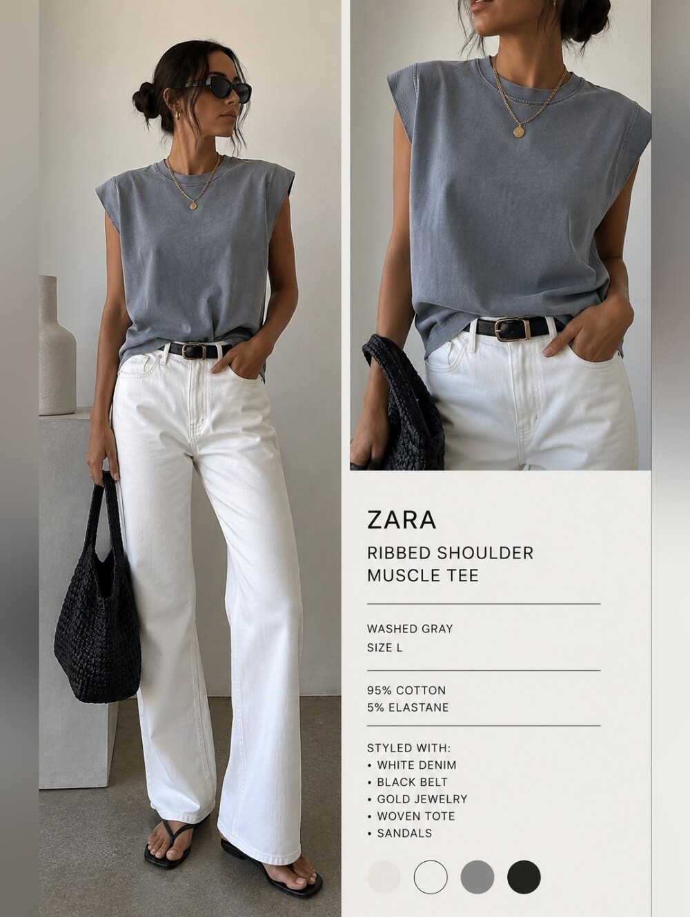 Zara Washed Gray Oversized Muscle Tee Ribbed Shoulder Top L